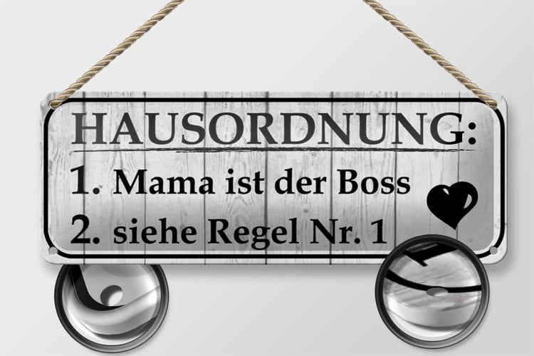 Blechschild Spruch 27x10cm Hausordnung Mama ist der Boss Dekoration
