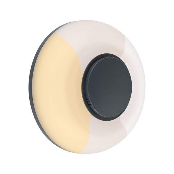 Runde LED-Wand- und Deckenleuchte mit dunklem Mittelteil und zweigeteiltem Lichtring.