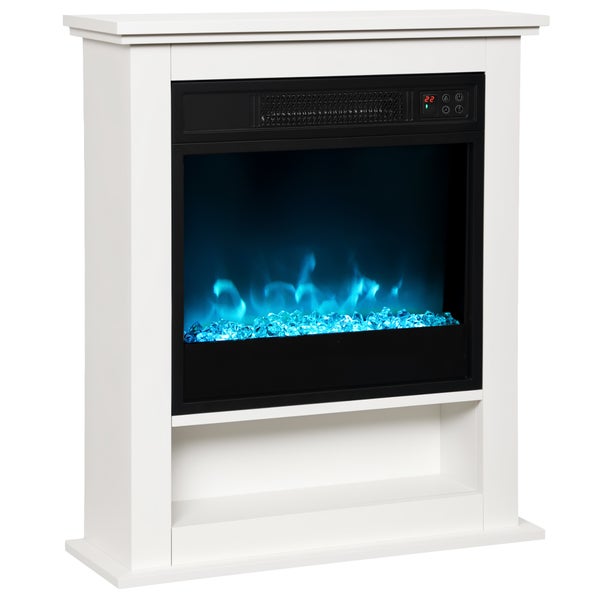 Elektrischer Kamin mit weißem Gehäuse, blauer Flammenoptik, Deko-Steinen und digitaler Temperaturanzeige von 22 Grad Celsius.
