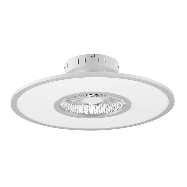 Runde LED-Deckenleuchte mit integriertem Ventilator aus Kunststoff und Metall.