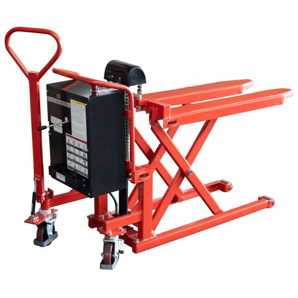 Oranger Scherenhubwagen mit Batterieantrieb für den Transport von Lasten