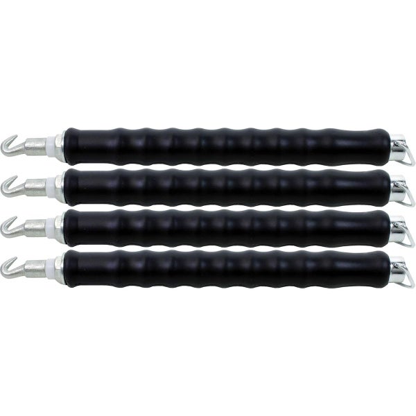 Vier Drahtdriller mit schwarzen ergonomischen Griffen und Metallhaken zum Verdrillen von Bindedraht.