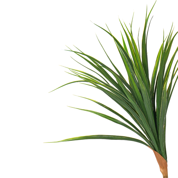 Künstlicher Palmwedel mit langen, schmalen grünen Blättern und braunem Stiel.