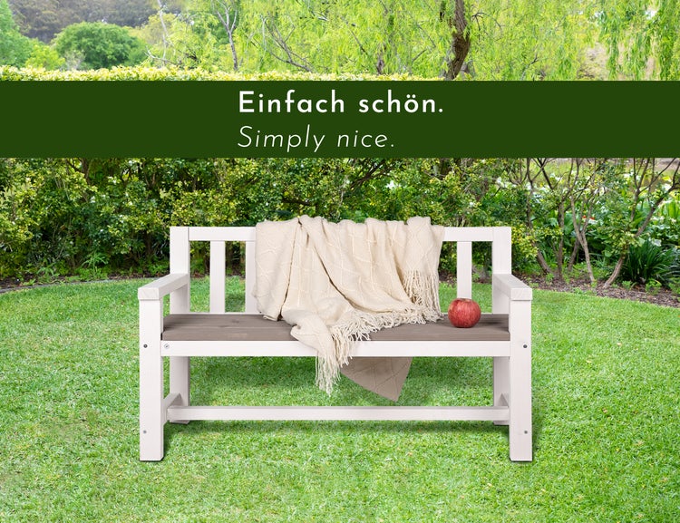 WONDERMAKE® Design Kinder-Gartenbank aus Holz wetterfest mit Textil-Abdeckung und Lehne, 2-Sitzer Kinderbank Holzbank Parkbank Kinder Sitzbank massiv Garten Outdoor, Naturholz, weiß grau anthrazit