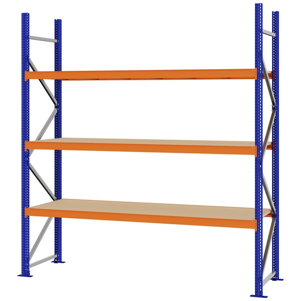 Schwerlastregal mit drei Holzböden, blauen Metallrahmen und orangefarbenen Traversen.