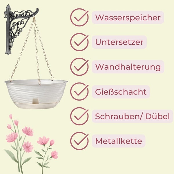 Blumenampel mit Wasserreservoir, Untersetzer, Wandhalterung, Gießschacht, Schrauben, Dübel und Metallkette