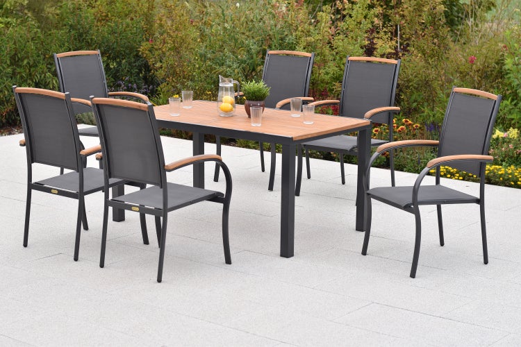Siena Gartenmöbelset 7tlg., 6 Stapelsessel, Gartentisch 150 x 90 cm, graphit/grau