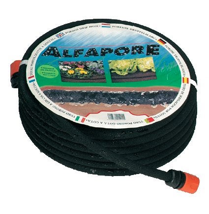 Alfapore Tropfschlauch zur Bewässerung, schwarzer Perlschlauch aufgerollt mit Anschlussstück.