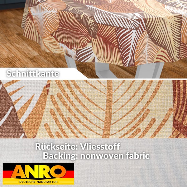 Wachstischdecke mit Blattmuster, Detailansicht der Schnittkante und der Rückseite aus Vliesstoff, ANRO Logo.