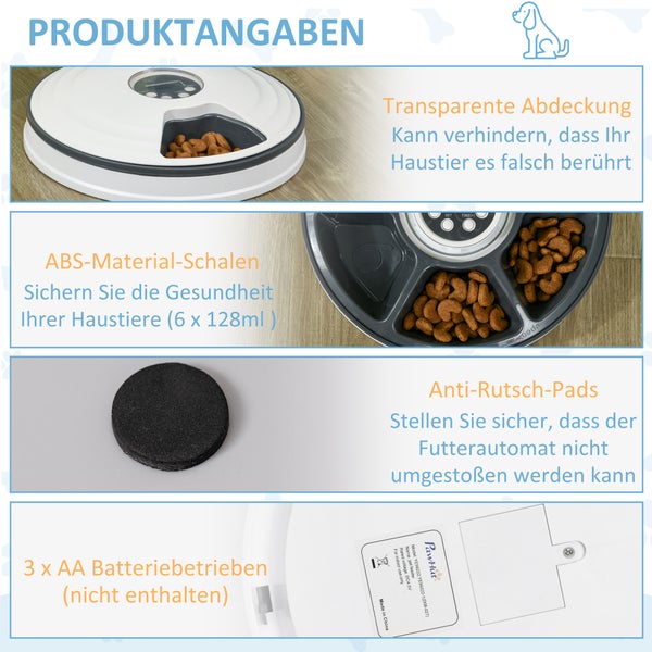 PawHut Futterautomat für Haustiere, Ø30,5 x 7,2H cm, ABS, PS-Platte, Weiß+Grau