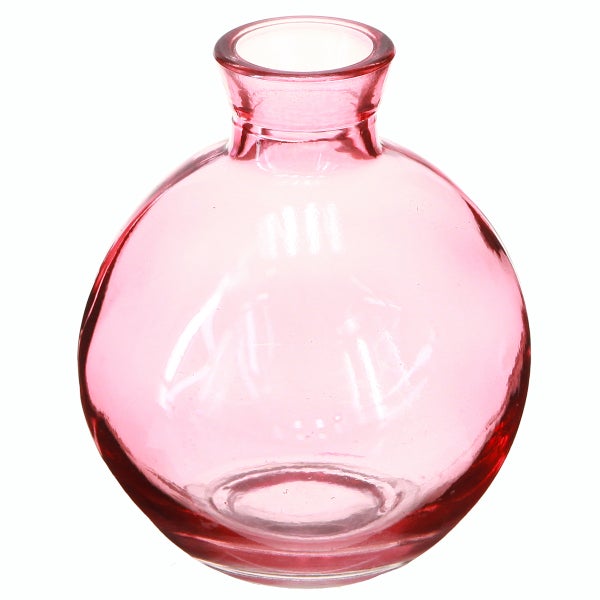 Runde Vase aus Glas in Rosa mit schmalem Hals.