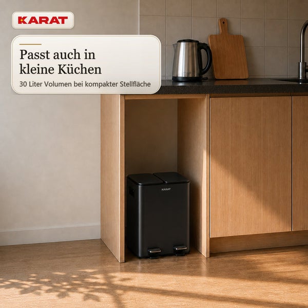 Karat Mülltrennsystem mit 30 Litern Volumen für kleine Küchen unter einer Arbeitsplatte platziert.