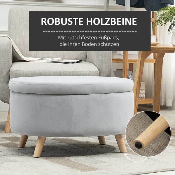 HOMCOM Sitzbank mit Stauraum, Oval Polsterbank mit Deckel, Bettbank mit Samtoptik, für Flur Schlafzimmer Wohnzimmer, Holzbeine 71 x 51,5 x 42 cm Hellgrau