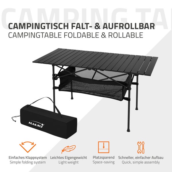 Hauki Campingtisch faltbar Schwarz, 118 x 55 x 64,5 cm, Aluminium Klapptisch, Aufrollbare Tischplatte, Falttisch klappbar, Gartentisch Balkontisch Reisetisch Rolltisch Markttisch inkl. Tragetasche