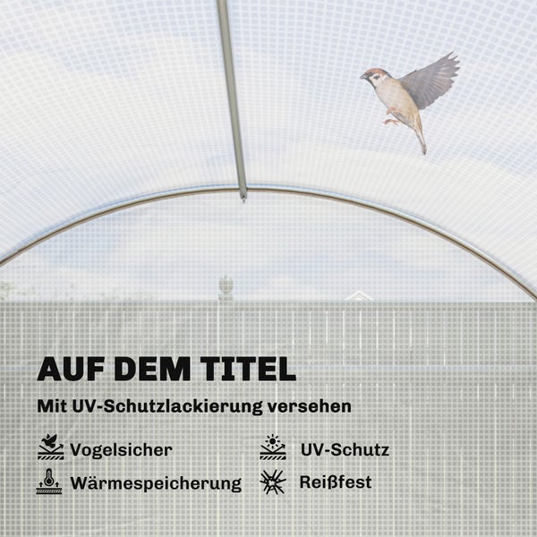 Merkmale der Gewächshausfolie: vogelsicher, UV-Schutz, Wärmespeicherung und reißfest mit UV-Schutzlackierung.