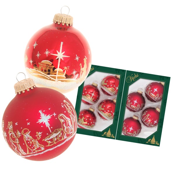Weihnachtsrot glanz/Satin-Rot, 7cm Glaskugelset Banddekor Heilige Nacht, 8 Stck., Weihnachtsbaumkugeln, Christbaumschmuck, Weihnachtsbaumanhänger