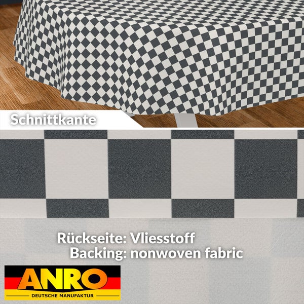 Abwaschbare Tischdecke mit schwarz-weißem Karomuster, Schnittkante und Rückseite aus Vliesstoff. ANRO Logo.
