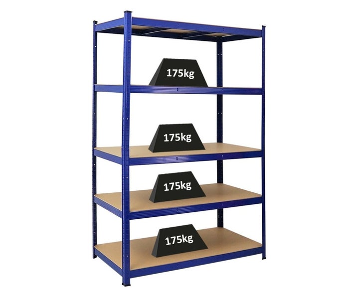 Blaues Schwerlastregal aus Metall mit 5 Holzböden, Tragkraft 175 Kilogramm je Boden.