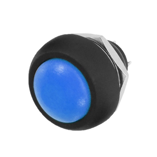 Runder Drucktaster mit blauem Knopf, schwarzem Gehäuse und Metall-Sechskantmutter zur Montage.