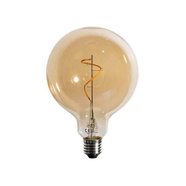 LED-Filament-Leuchtmittel in Globusform mit bernsteinfarbenem Glas, E27-Sockel und spiralförmigem Leuchtdraht.