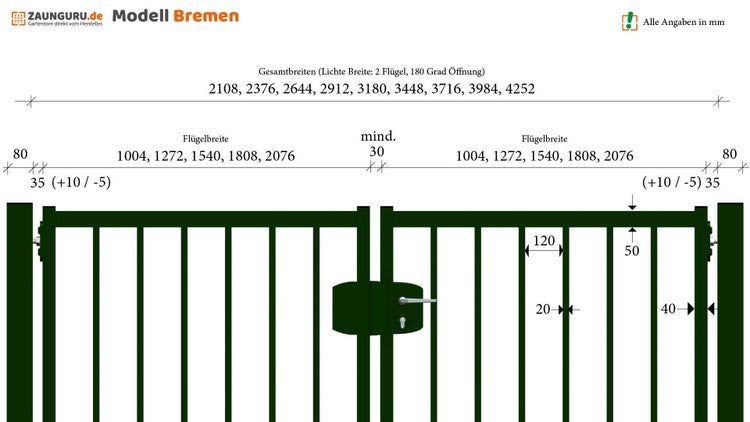 Technische Zeichnung eines Zaunes Modell Bremen mit Breitenangaben in Millimeter