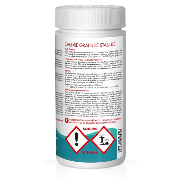 Chlorgranulat zur Poolpflege in einer Dose. Warnhinweise und Vorsichtsmaßnahmen sind aufgedruckt.