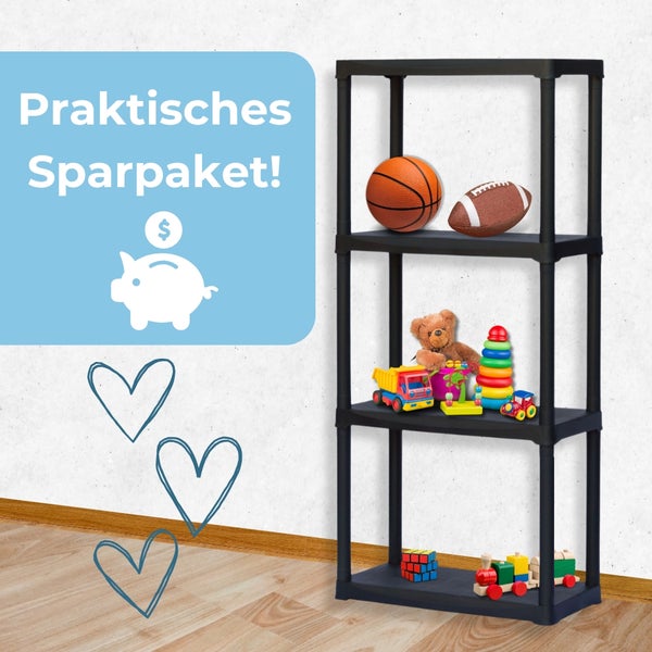 Schwarzes Kunststoffregal mit Spielzeug