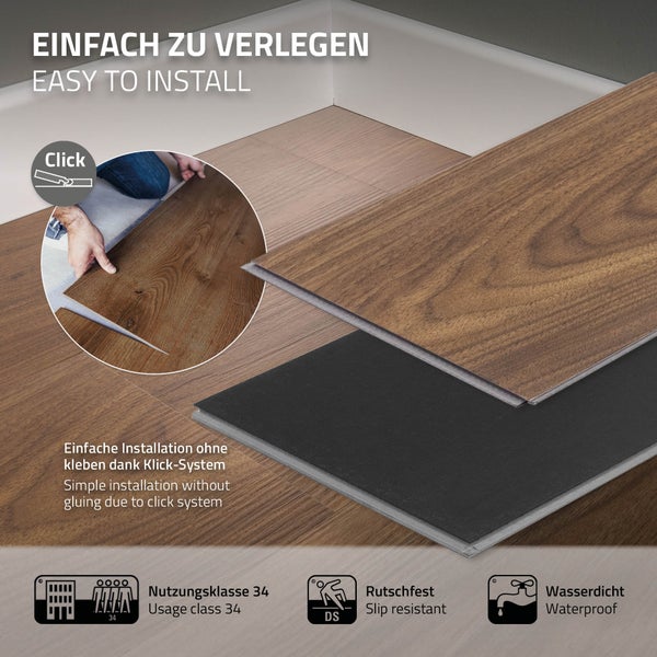 ML-Design Deluxe PVC Bodenbelag, Click Vinyl-Dielen, Vinylboden, 122 cm x 18 cm x 4,2 mm, Dicke 4,2 mm, 1,54m²/7 Dielen, Outtrigger Eiche, Braun, Holzoptik, rutschfest, wasserfest, Belastungsklasse 34