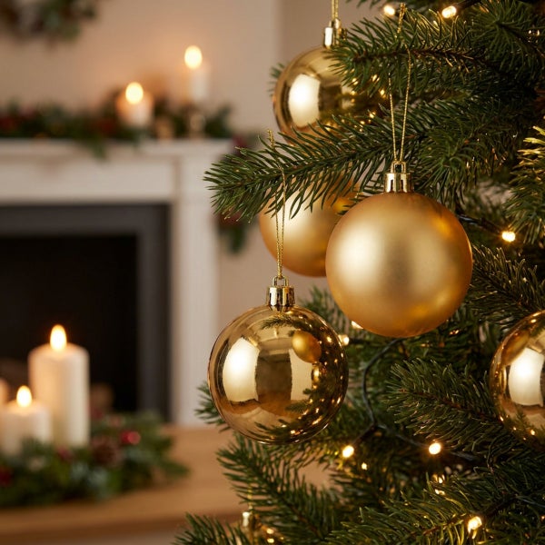Weihnachtsbaum mit glänzenden und matten Christbaumkugeln in einem Wohnzimmer mit Kamin im Hintergrund.