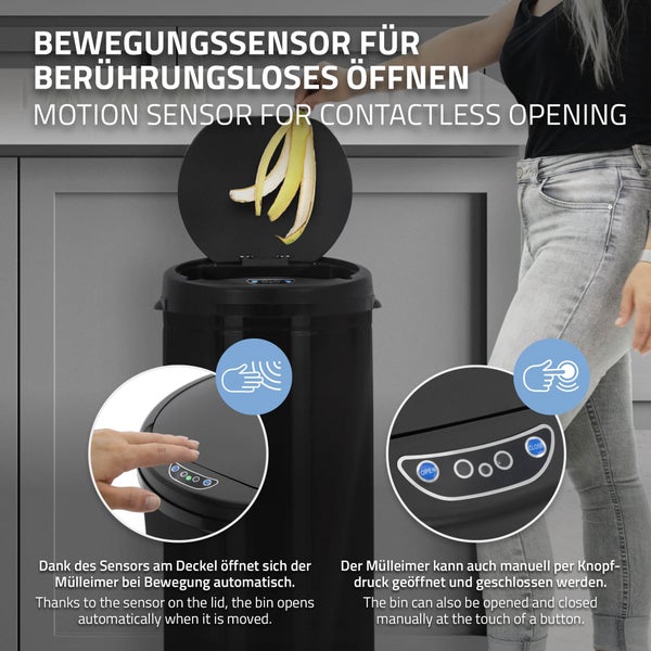 ML-Design Mülleimer mit Sensor 30L aus Edelstahl, Schwarz, Rund, automatisches Öffnen & Schließen, Abfalleimer berührungslos, Müllbehälter mit Bewegungssensor, LED-Anzeige, Klemmring, für Küche & Büro
