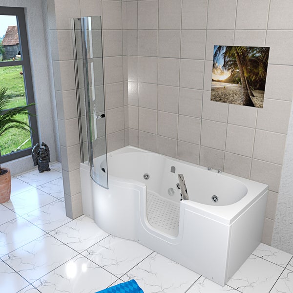 Begehbare Badewanne mit niedriger Einstiegstür, integriertem Glas-Duschaufsatz und Whirlpool-Düsen in einem hellen Badezimmer mit grauen Fliesen.