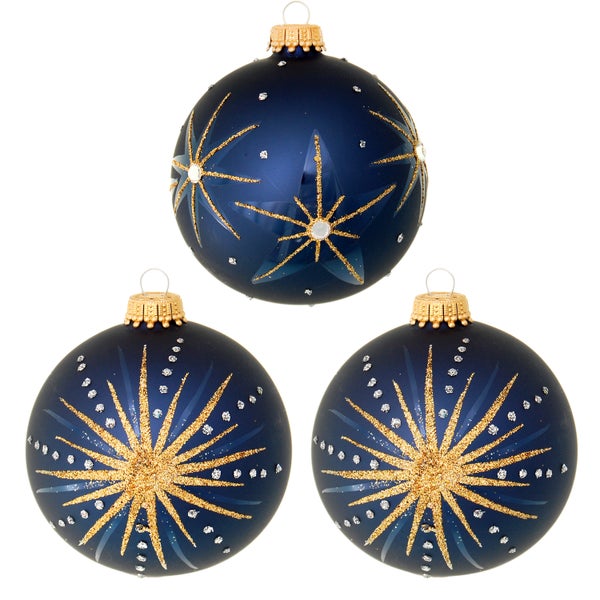 Sternennacht Cobalt, 3er Set, Glasstein, cobalt blau matt/gold, 8cm, 3 Stck., Weihnachtsbaumkugeln, Christbaumschmuck, Weihnachtsbaumanhänger