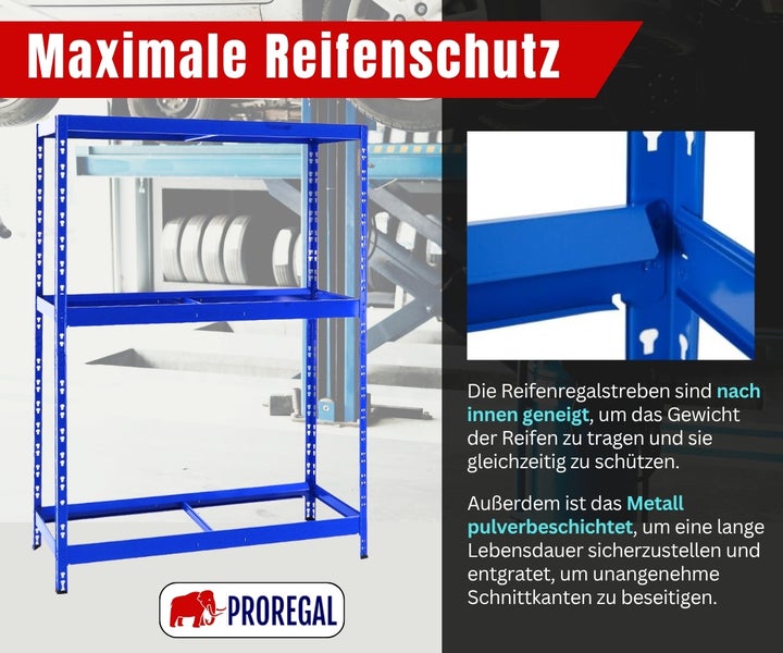 Blaues Reifenregal aus pulverbeschichtetem Metall mit drei Ebenen und nach innen geneigten Streben für maximalen Reifenschutz. Proregal Logo.