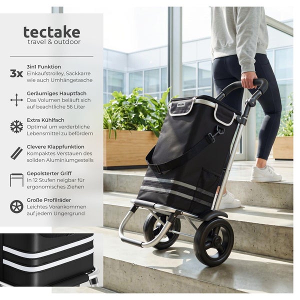 tectake Logo. Einkaufstrolley 3-in-1 mit Aluminiumgestell, 56 Liter Volumen, Kühlfach und großen Profilrädern für Treppen geeignet.