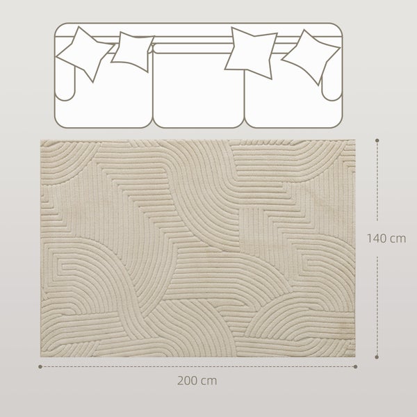 Beige strukturierter Teppich mit Wellenmuster, 140 mal 200 Zentimeter, unter einer Skizze eines Sofas mit Kissen.