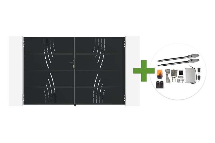 Doppelflügeltor aus Metall mit dekorativen Schlitzen und elektrischem Torantrieb Set inklusive Zubehör und Fernbedienungen