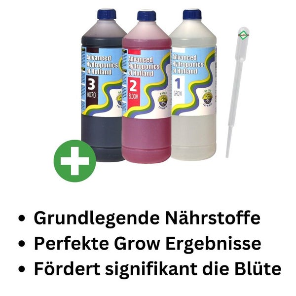 Advanced Hydroponics 3-Teiliges Starter-Set – Komplettdünger für Wachstum & Blüte, je 500 ml (Bloom, Micro, Grow) für alle Pflanzenarten mit Pipette