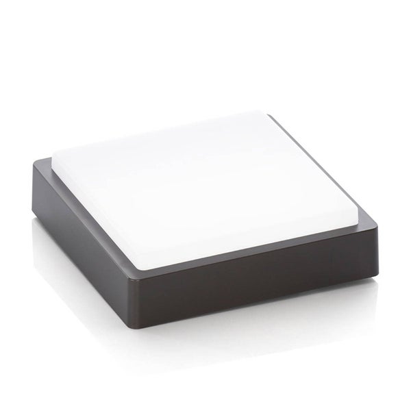 Quadratische Wand- und Deckenleuchte mit dunkelbraunem Gehäuse und weißer Abdeckung.