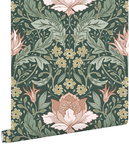 ESTAhome Tapete Blumenmuster im Jugendstil Dunkelgrün und Hellrosa - 50 x 900 cm - 131081