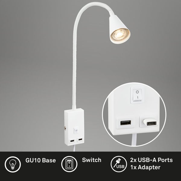 Leselampe LED Bettlampe Wandlampe Schwenkbar 2x USB Port Kabelschalter GU10
