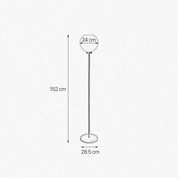 Skizze einer Stehlampe mit Maßangaben: Höhe 152 cm, Lampenschirmdurchmesser 24 cm, Fußdurchmesser 28,5 cm.