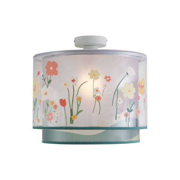 Runde Deckenleuchte für das Kinderzimmer mit buntem Blumenmuster auf einem hellen Stoffschirm.