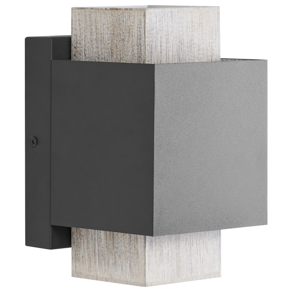 Quadratische Wandleuchte aus Metall und Holz mit Lichtaustritt nach oben und unten.