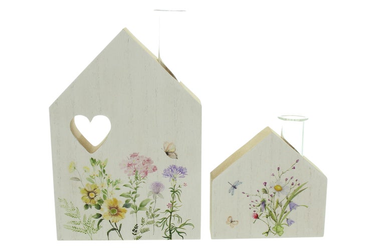 FRANK FLECHTWAREN | Haus mit Vase Blumenwiese, 2er Set, MDF, GLAS, 10 x 2,5 x 9,5 cm, 12,5 x 2,5 x 18 cm