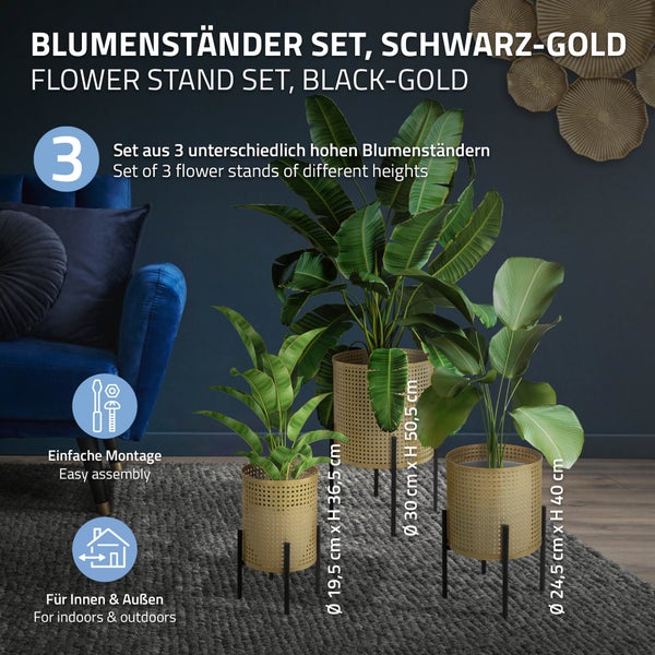 ML-Design Blumenständer 6er Set Schwarz-Gold, aus Stahl, Metall Pflanzenständer, Blumentopfständer mit Übertopf, Blumentopfhalter 6-tlg, Pflanztopf Dekoständer Blumensäule Blumenhocker Pflanzenhocker