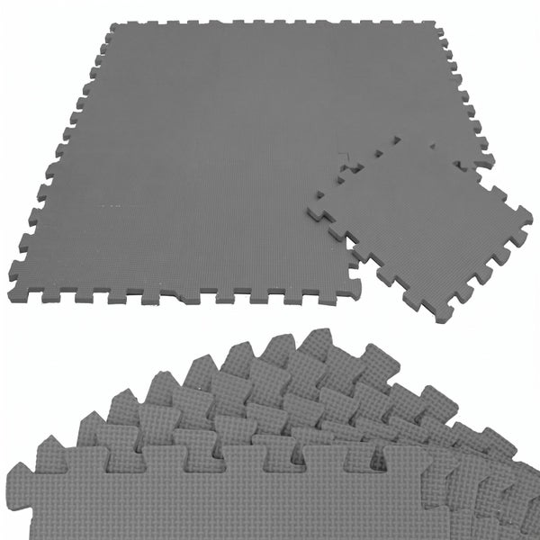 Graue, ineinandergreifende Bodenschutzmatten aus Schaumstoff mit strukturierter Oberfläche, Set bestehend aus mehreren Puzzleteilen.