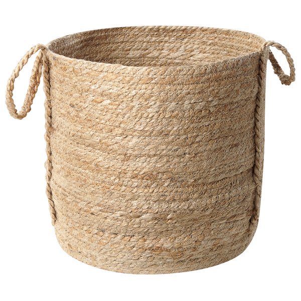 Runder Aufbewahrungskorb aus geflochtener Jute mit zwei seitlichen Henkeln.