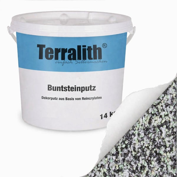 Terralith Buntsteinputz, Dekorputz auf Reinacrylatbasis, 14 Kilogramm Eimer, mit Produktprobe der schwarz-weiß-grünen Steinkörnung.