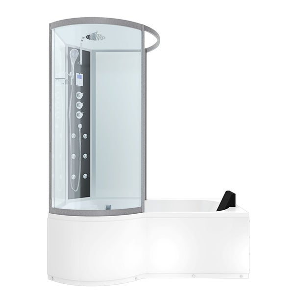 Duschbadewanne mit Komplettkabine, Massagedüsen, Regendusche und Handbrause.