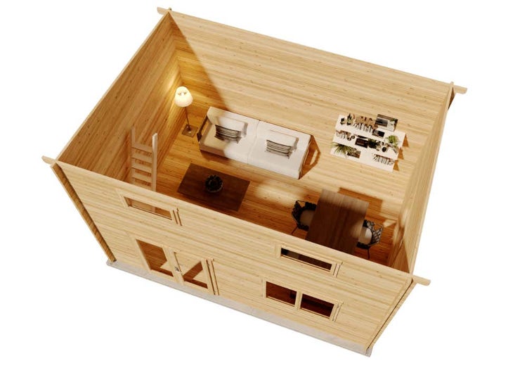 Innenansicht eines Gartenhauses aus Holz mit Wohnbereich, Sofa, Esstisch, Leiter zum Dachboden und Regalen.
